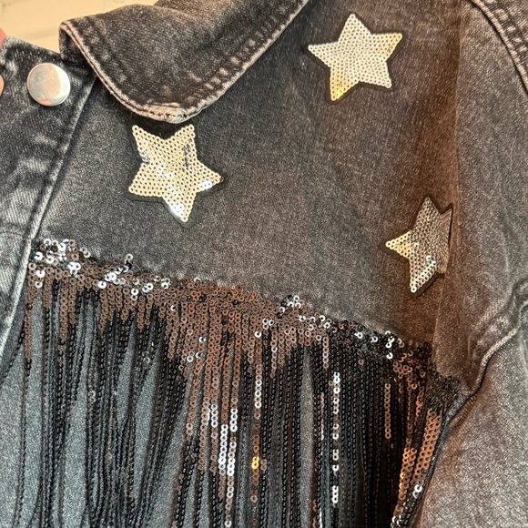 Black Light Wash Jacket w/ black sequin fringe & silver stars. Plus Size. XXL. - Picture 4 of 6